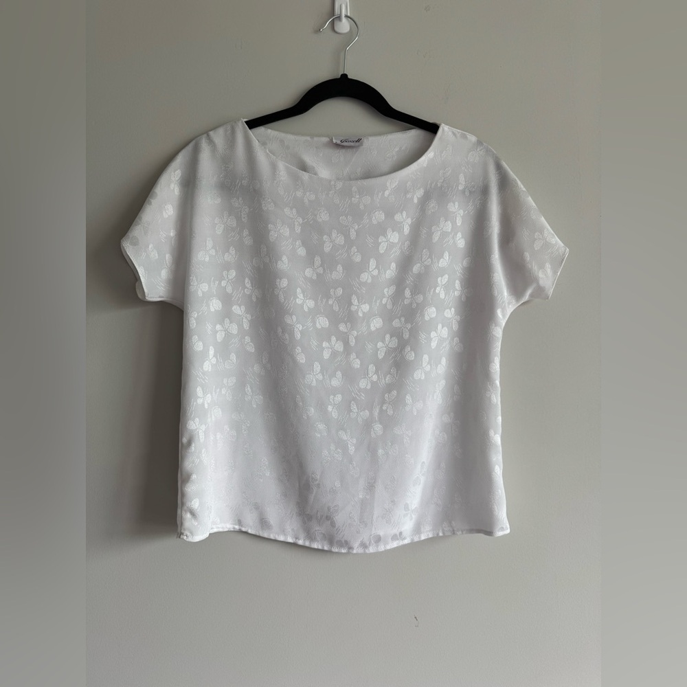 Vintage Joxell White Satin Butterfly Short Sleeve Scoop Neck Shirt Blouse